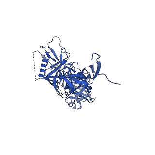 9189_6mph_C_v1-1
Cryo-EM structure at 3.8 A resolution of HIV-1 fusion peptide-directed antibody, DF1W-a.01, elicited by vaccination of Rhesus macaques, in complex with stabilized HIV-1 Env BG505 DS-SOSIP, which was also bound to antibodies VRC03 and PGT122